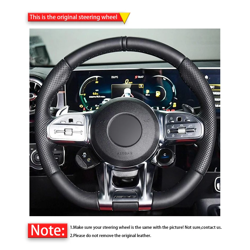 Black Genuine Leather Car Steering Wheel Cover For Mercedes-Benz A35 A45 E63 G63 C63 CLA45 CLS53 E53 E63 GLA35 S63 AMG