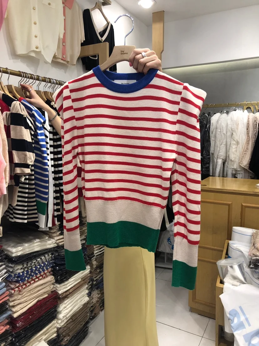 Korean Striped Color-blocked Knitted Sweaters Pullovers 2024 Autumn Winter Long Sleeve O-neck Tops Casual Fashion Ladies Jumpers