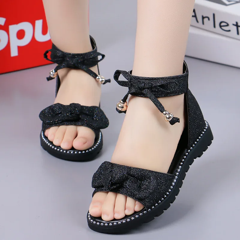 New 2023 Summer Girls Sandals Fashion Bowknot Zipper Princess Girls Shoes Children Kids Baby Party Flat Sandals Shoes A857