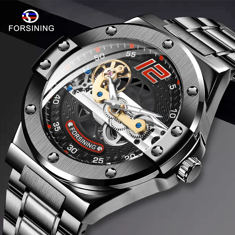 Forsining Transparent Automatic Men Watch Golden Bridge Mechanical Black Stainless Steel Band Skeleton Watches Relogio Masculin