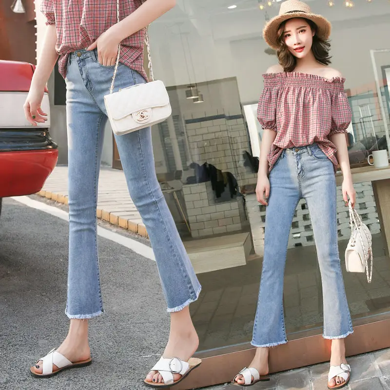 Micro-bell pants jeans women spring and autumn high waist elastic straight pants women students raw edges slim pants children