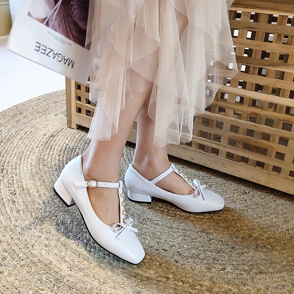 New Women Mary Janes Pumps T-Strap 3cm Heels Sweet Bowtie Lolita Shoes Girl Student Buckle Party Shoes Female Fashion Moccasins