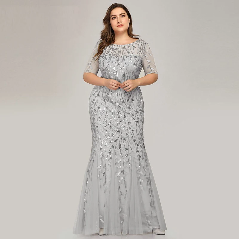 2023 plus size lantejoulas malha sereia vestido de noite fino frisado folhas padrão formal feminino elegante festa de formatura vestidos manga curta