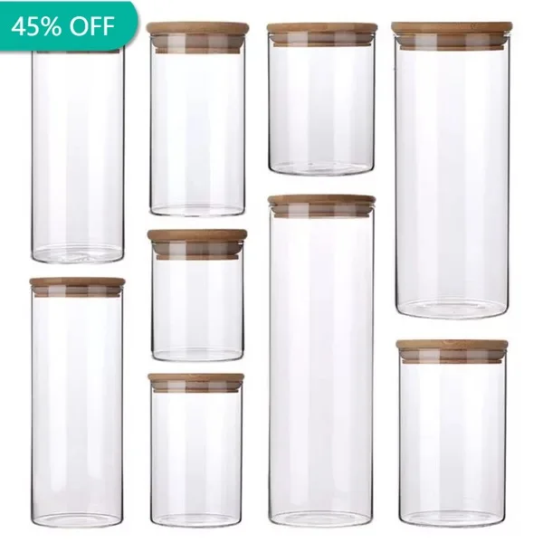 Transparent Food Storage Jars With Bamboo Lid Kitchen Storage Glass Sealed Cans Food Storage Tank Tea Canister