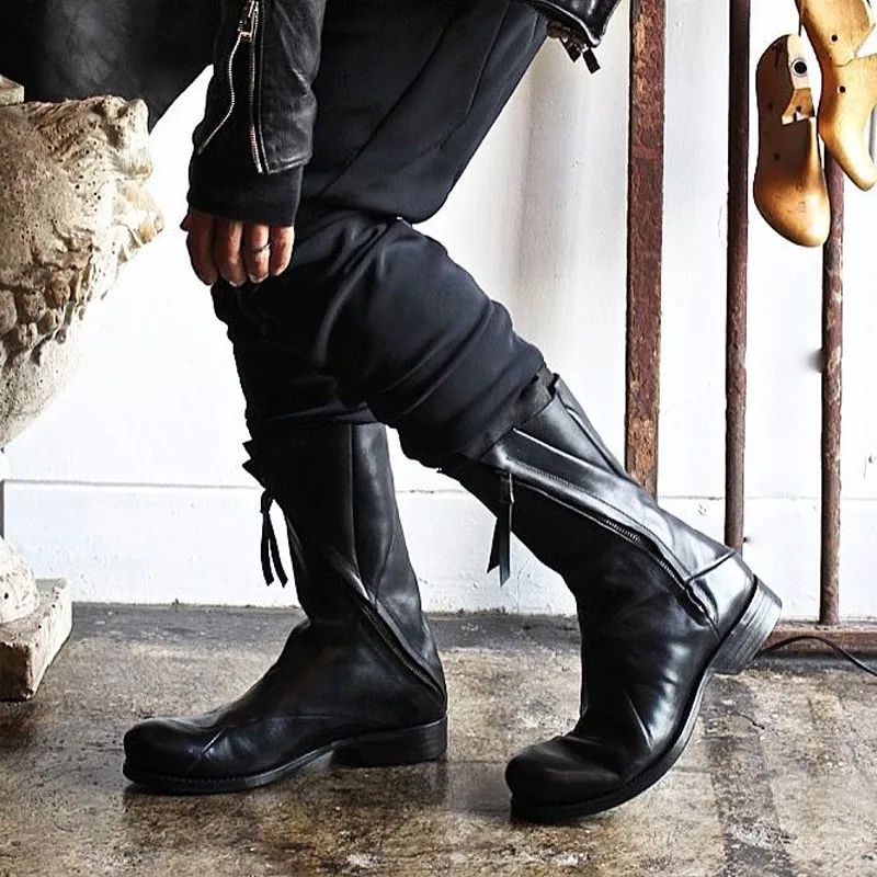 High Quality Designer Asymmetrical 100% Genuine Leather Boots Men Punk Black Cowboy Shoes Fashion Mens Biker Long Boots 35-46