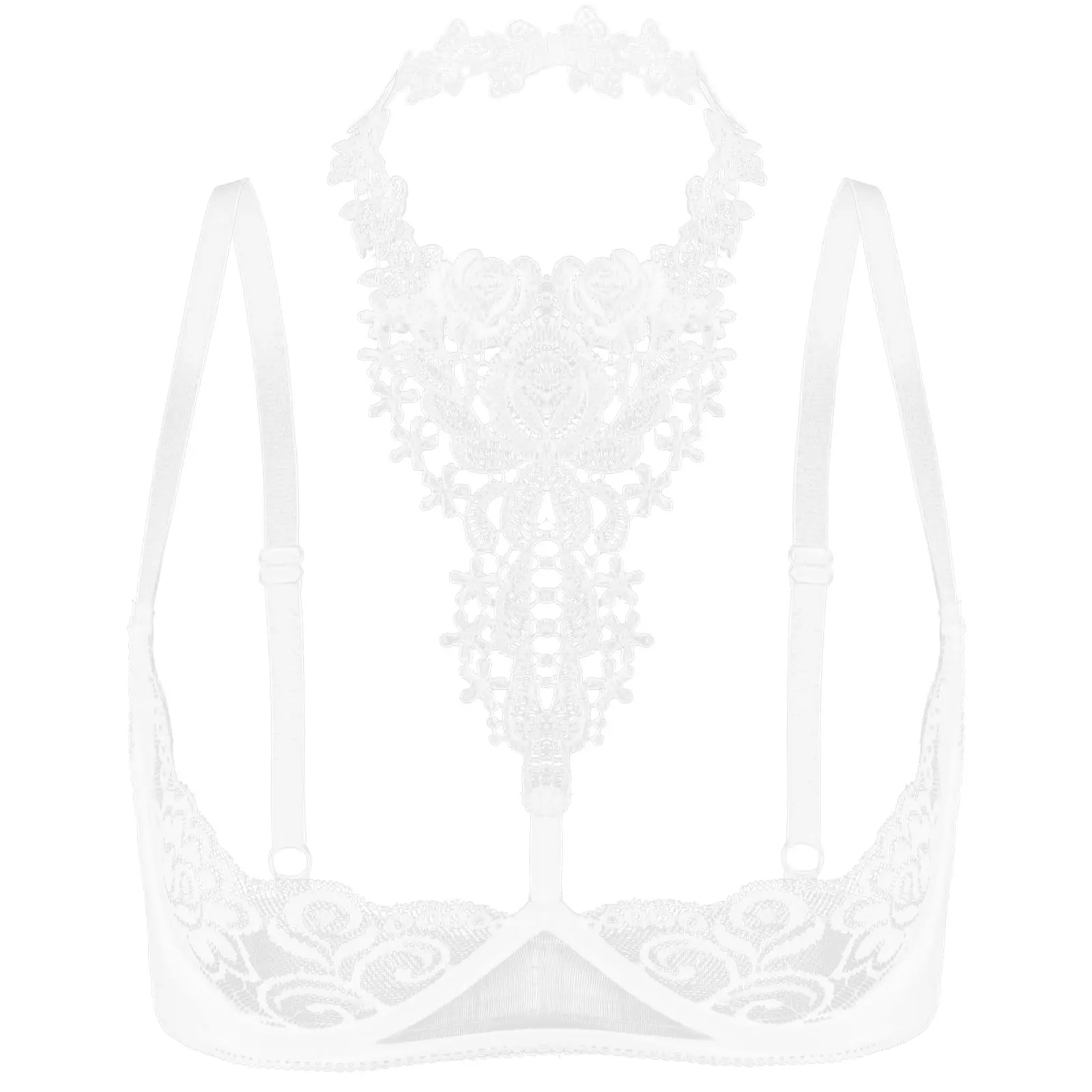 Sujetador de realce transparente para mujer, ropa interior de encaje Floral transparente con aros, Tops Halter, pecho desnudo, lencería para luna de