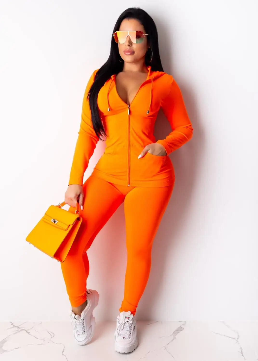 new neon pink orange two pieces set women fitness sportswear 2021 autumn long sleeve skinny tops elastic leggings tracksuit