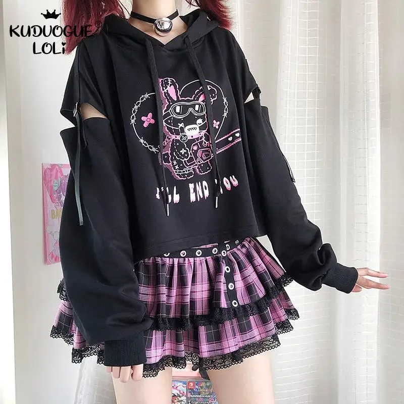 

Oversized Hoodie Short Sweatshirt Girl Loli Black Long Sleeve Stitching Ribbon Hollow Dark Style Halloween Hooded Top Saw-Rabbit