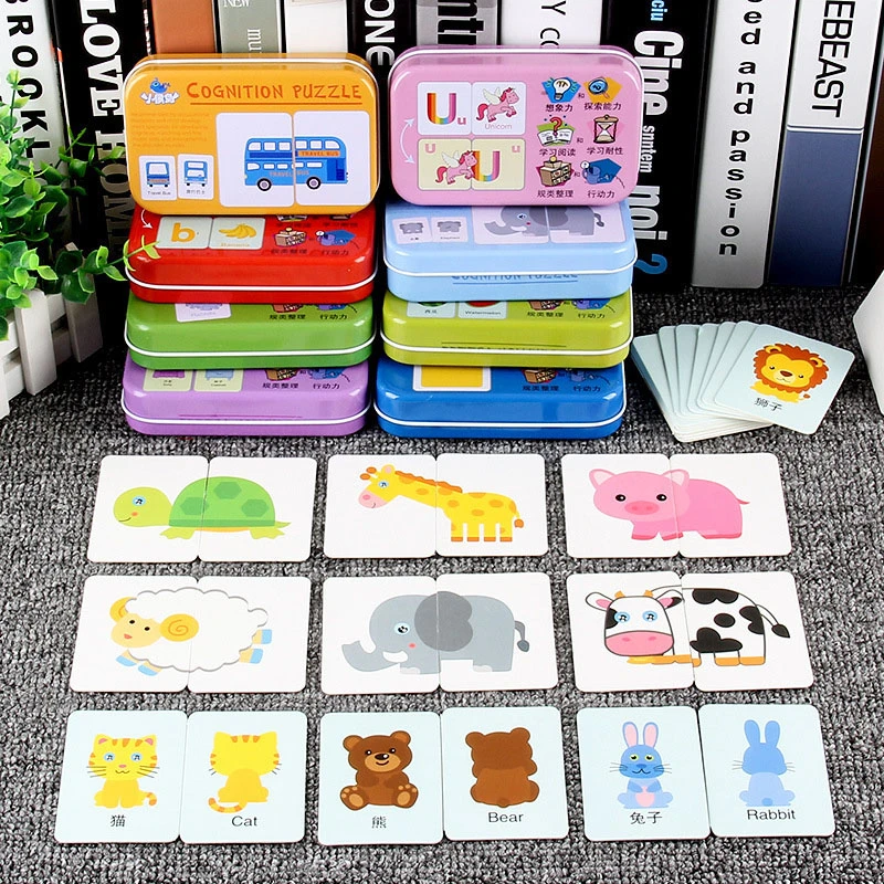 

Early Educational Baby Cognition Puzzle Toys Toddler Iron Box Matching Game Cognitive Cards Traffic Fruit Animal Cartoon Jigsaw