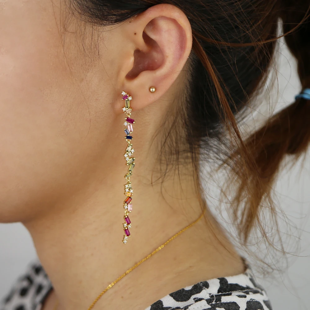 Christmas jewelry Fashion 75mm Long Tassel cz Earrings for women girl rainbow CZ Chain Earring Brincos Bijoux