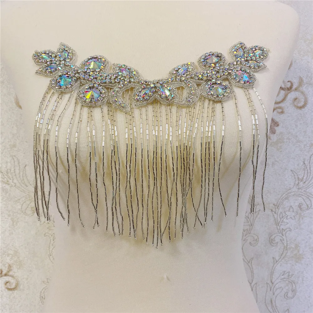 2pcs Beaded Crystal Rhinestone  Patches  with Fringe sew on clothes for Decoration DIY