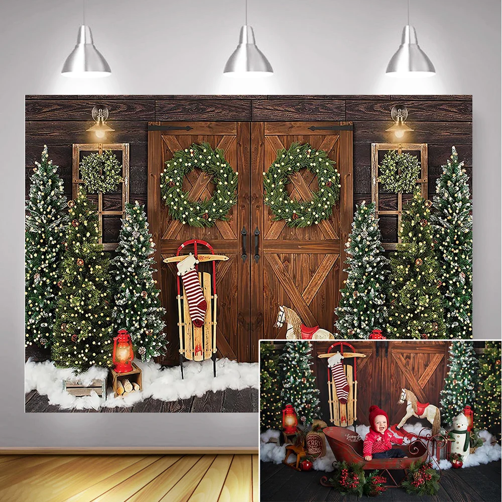 

Merry Christmas Photography Background Snow Christmas Trees Winter Portrait Photo Backdrop Socks Vintage Wooden Door Wreath