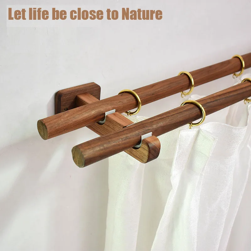 

2021 Japanese Style Solid Walnut Wood Double Curtain Rod Set High-End Wood Curtain Pole Roman Rod With Copper Rings,Brackets