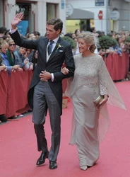 Vestidos formales elegantes para madre de la novia, traje de gasa con cuello redondo, encaje calado Floral, color gris, hasta el tobillo, 2023