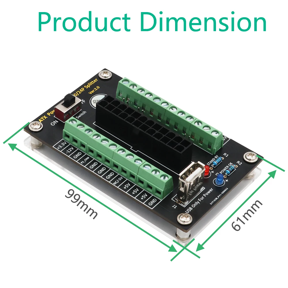 Upgrade Version ATX 24/20 Pin Power Supply Breakout Board Module With USB 5V Port and Acrylic Base