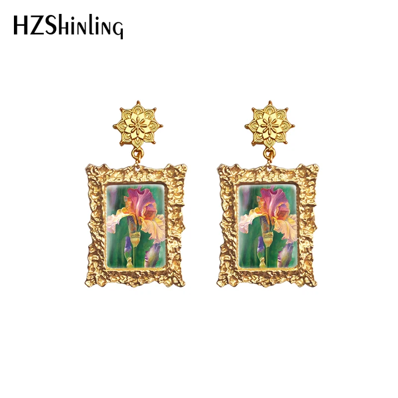 2020 New Iris Flower Earring Art Painting Vintage Earrings Retro Mandala Charm Square Glass Cabochon Jewelry image 2