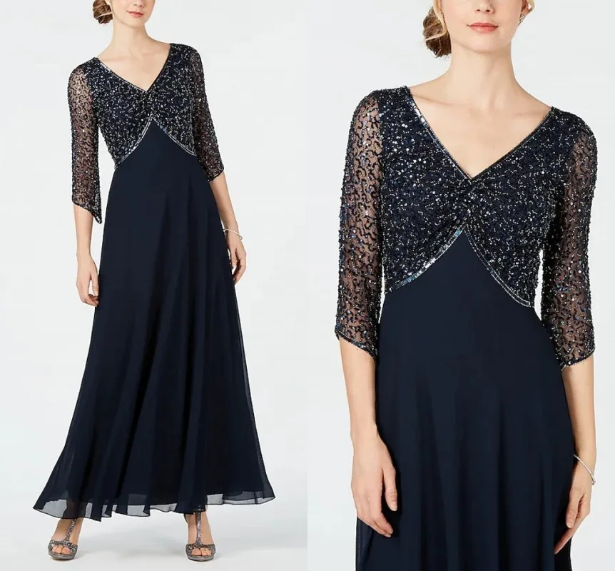 Dark Navy แม่ของเจ้าสาวชุด2022 Shine V คอ Beading ข้อเท้าความยาวชีฟองเจ้าสาวชุดที่กำหนดเอง Robe de Soiree