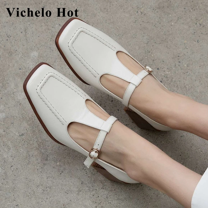 

Vichelo Hot new arrival Mary janes French romantic real leather square toe high heels buckle strap retro fashion women pumps L14