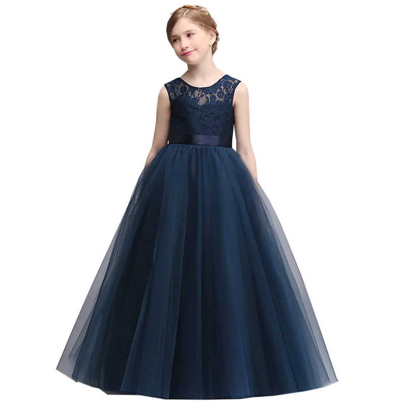 Robe bleu marine personnalisée pour filles, tulle en dentelle, robes de demoiselle d'honneur, fête d'anniversaire pour enfants, robe de princesse formelle