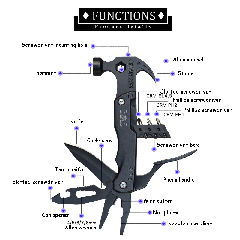 Claw Hammer Hatchet with Knife Multitool Camping Accessories Survival Gear and Equipment Hammer Saw Screwdrivers Pliers