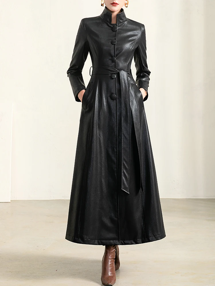 Imagem -02 - Primavera e Outono Nova Jaqueta de Couro Preto Feminino Mid-length Moda High-end Qualidade Gola de Couro Fino Trench Coat