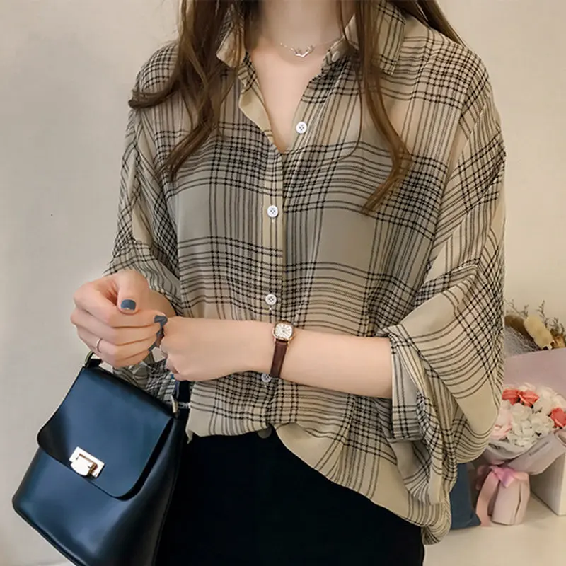 2024 Herfst Chique Geruite Shirts Vrouwen Batwing Mouw Chiffon Blouses Casual Chemise Femme Tops Tartan Blusas Mujer