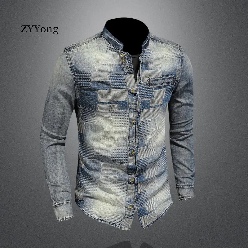 Men's Denim Shirt Retro Stand Collar Long Sleeve Patch Blue Plaid Patchwork Style Casual Camisas Chemise Homme Thin Coat