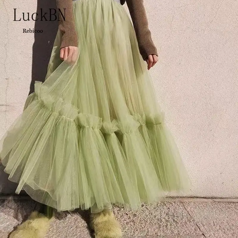 

Spring Autumn Skirts Vintage Tulle Skirt Women Elastic High Waist Mesh Skirts Long Pleated Tutu Skirt Female Jupe Longue