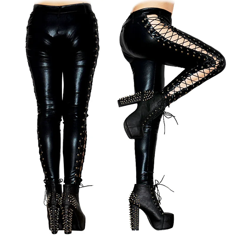 Womens Sexy Black PVC Leggings Goth Fetish Faux Leather Lace Up Pants Cool Punk Rock Bright Light Leather Bandages Nightclubs