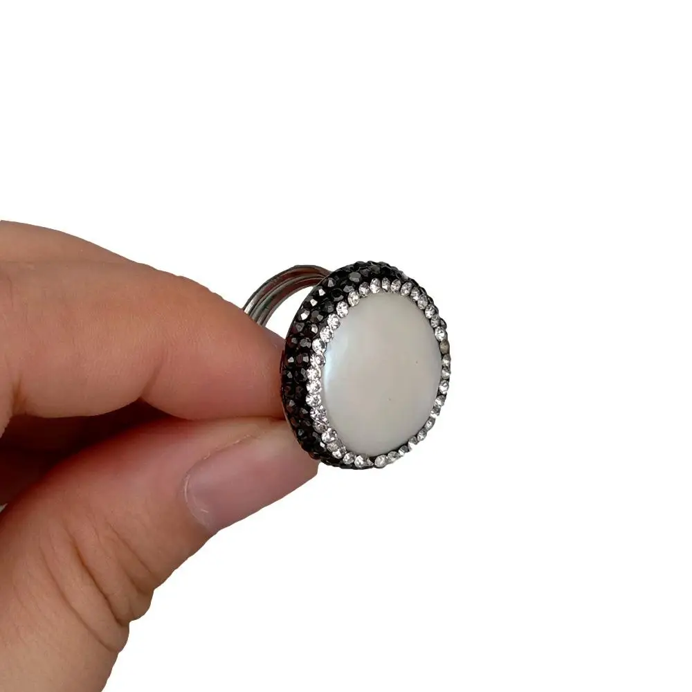 Y·YING Natural Cultured White Coin Pearl Black Crystal Pave Rings Resizable
