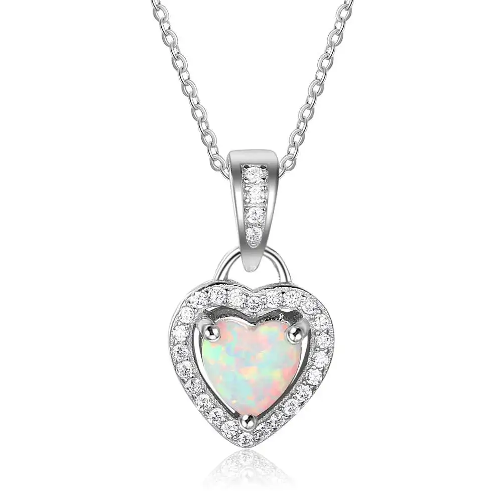 JewelOra Classic Heart Pendants & Necklace Opal Stone Silver Color Necklace For Women Female Jewelry Gift