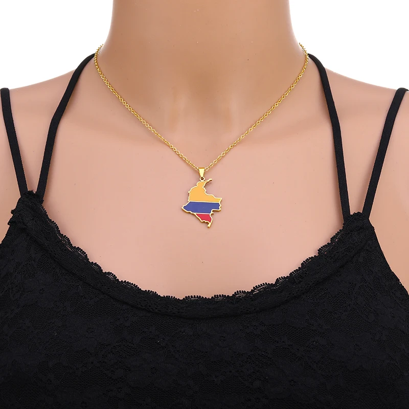 Enamel Stainless Steel Colombian Map Flag Pendant Necklaces Women Girls Silver Color/Gold Color Colombia Ethnic Birthday Jewelry