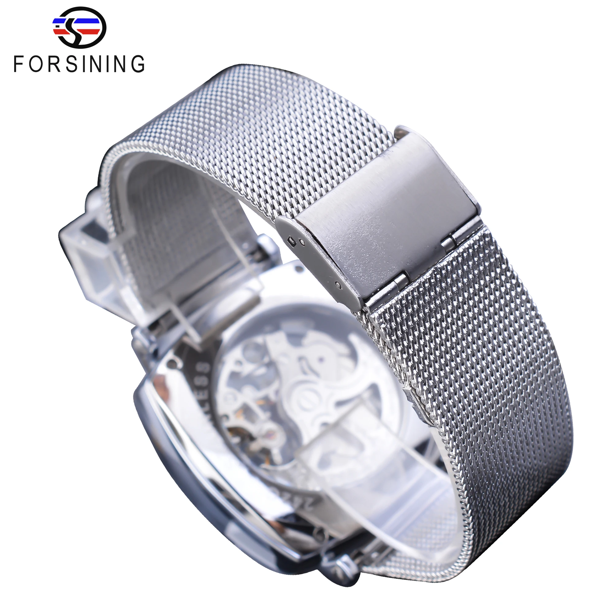 Forsining New Fashion Mechanical Watch For Men Square Automatic Skeleton Analog Silver Slim Mesh Steel Band Watch Relojes Hombre