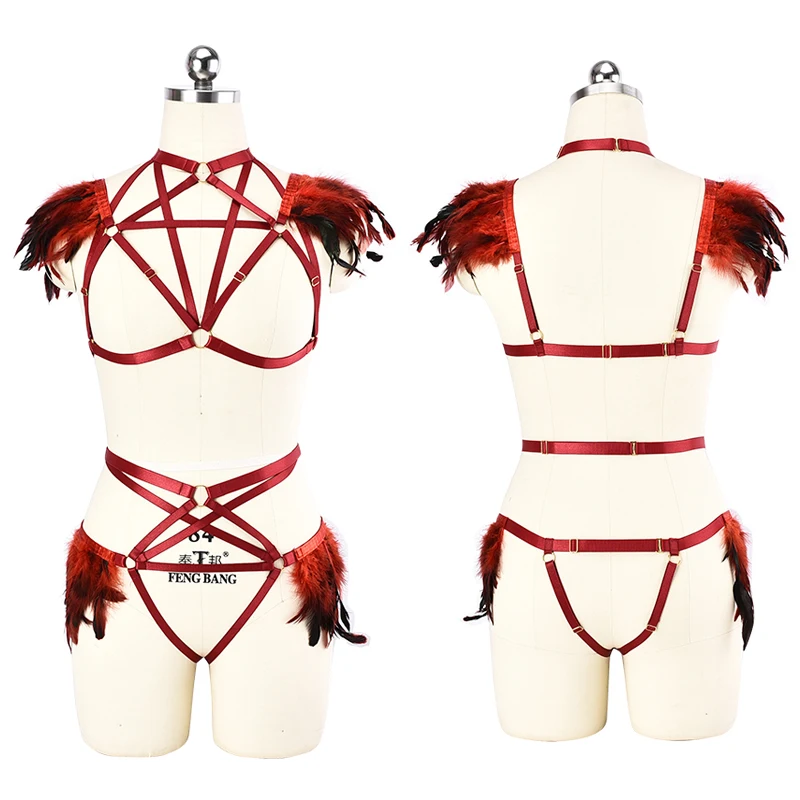 

Women Red Feather Garter Belt Body Harness Set Bra Fetish Chest Bondage Lingerie Harness Erotic Cage Bra Suspenders Low Price