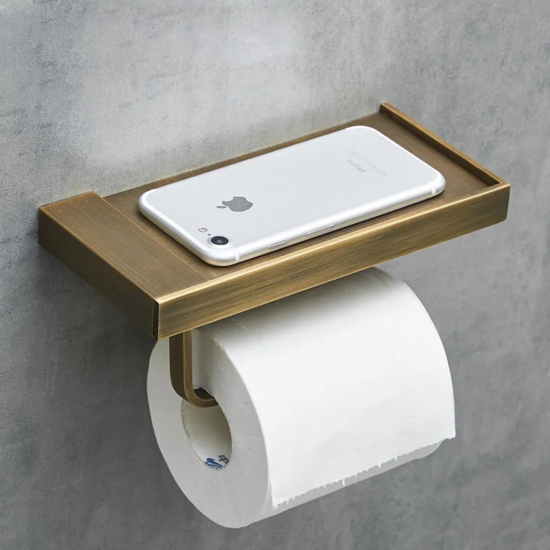 Toilet Paper Holder Antique Brass Toilet Roll Holder with Phone Shelf Wall Mounted Bathroom Tissue Holder Bathroom Accessories