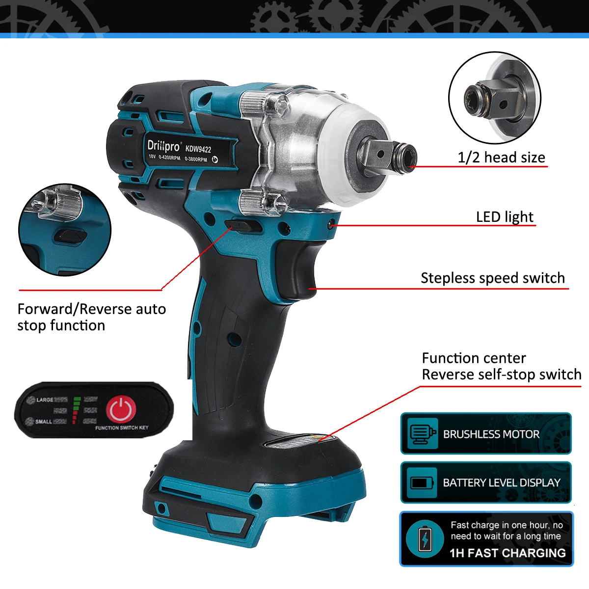 Drillpro 520N.M Torque Brushless Electric Impact Wrench 1/2 inch Cordless Wrench Screwdriver Power Tools For 18V Battery