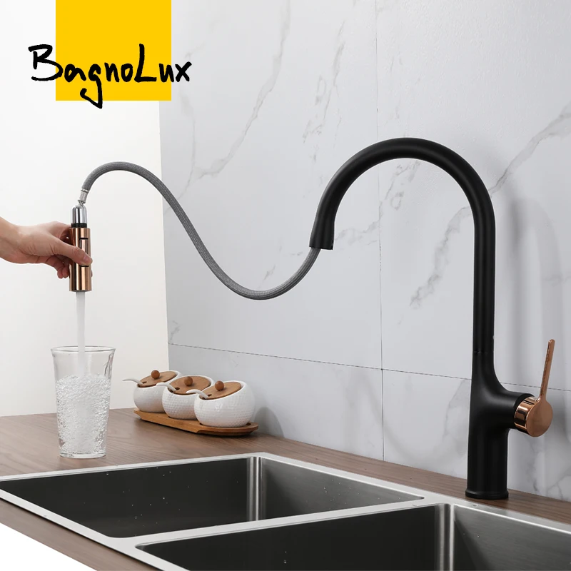 

Bagnolux Black Rose Gold Deck Mounted Kitchen Faucet Two Function Single Handle Pull Out Mixer Hot and Cold Water Pull Out Taps
