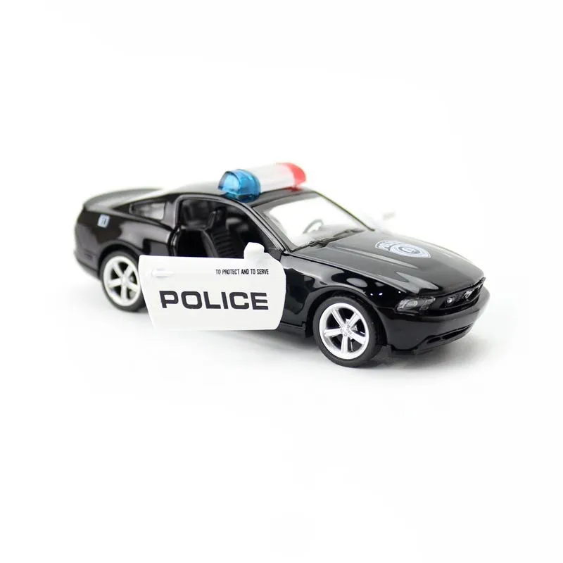 Diecast Metal Toy Car Model 1:43 Scale Ford Mustang GT Police Pull Back Doors Openable Educational Collection Gift Kid Match Box