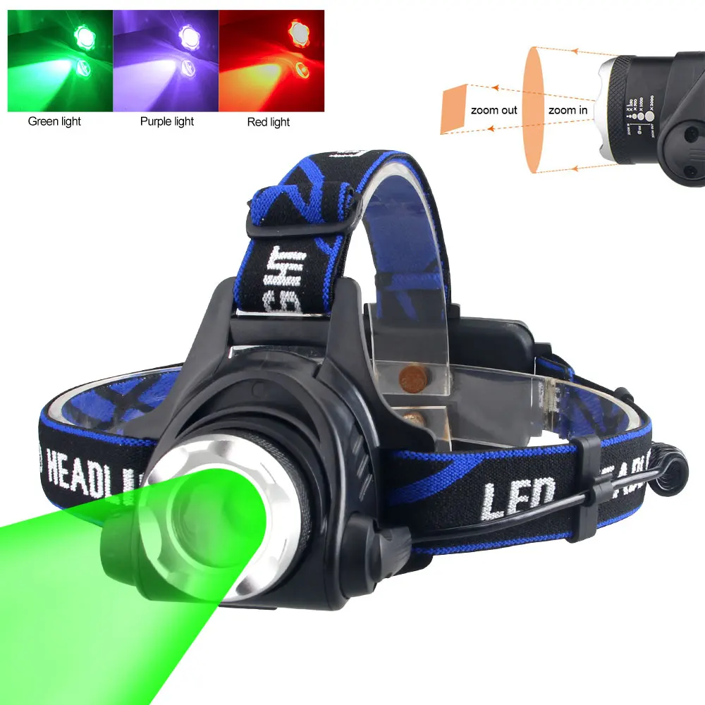 3 Modes White/Red/Green/UV 395nm LED Zoomable Strong USB Charging Headlamp Adjustable LED Fishing Headlight 18650 Battery