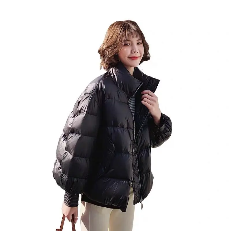 Winter Loose Stand Collar Puffer Jacket Women Short White Duck Down Padded Coats Office Lady Down Parkas Outerwear Female JK-887