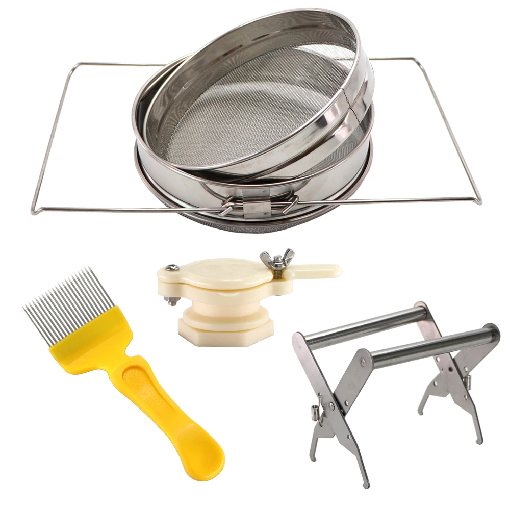 Honey Double Sieve Stainless Steel Strainer Kit With Frame Holder Honey Gate Valve 21 Pin Uncapping Fork Scraper Beekeeping Tool