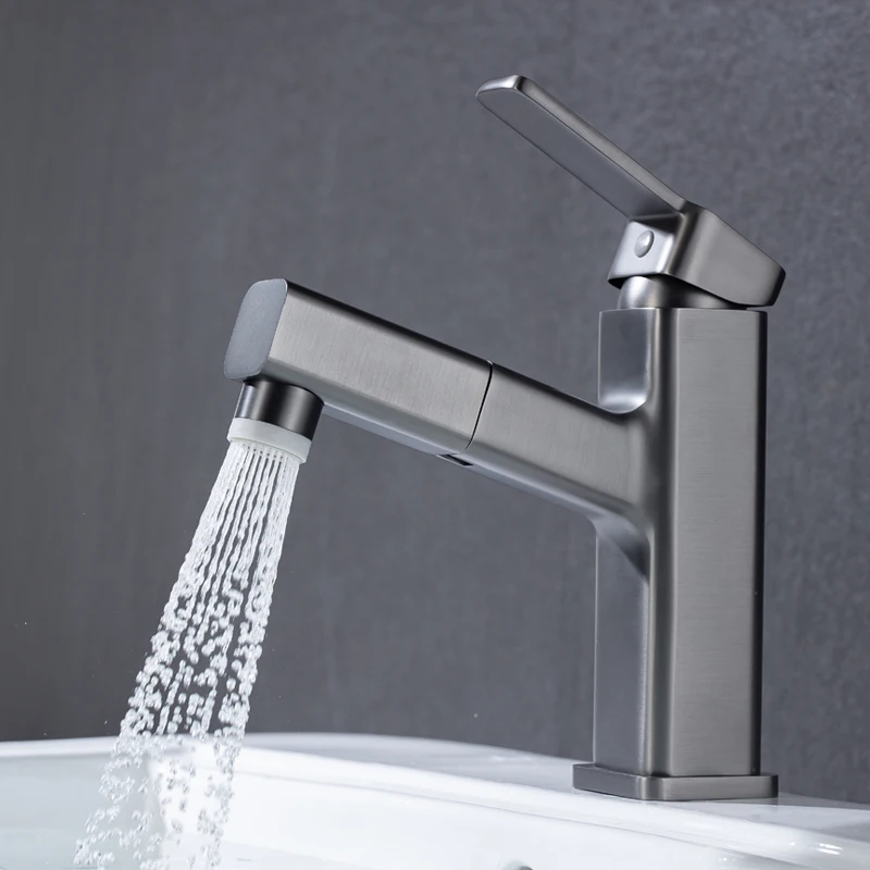 

Pull Out Bathroom Basin Sink Faucet Hot And Cold Water Mixer Tap Single Handle Spray Sink Tap Kitchen Crane Deck Mount