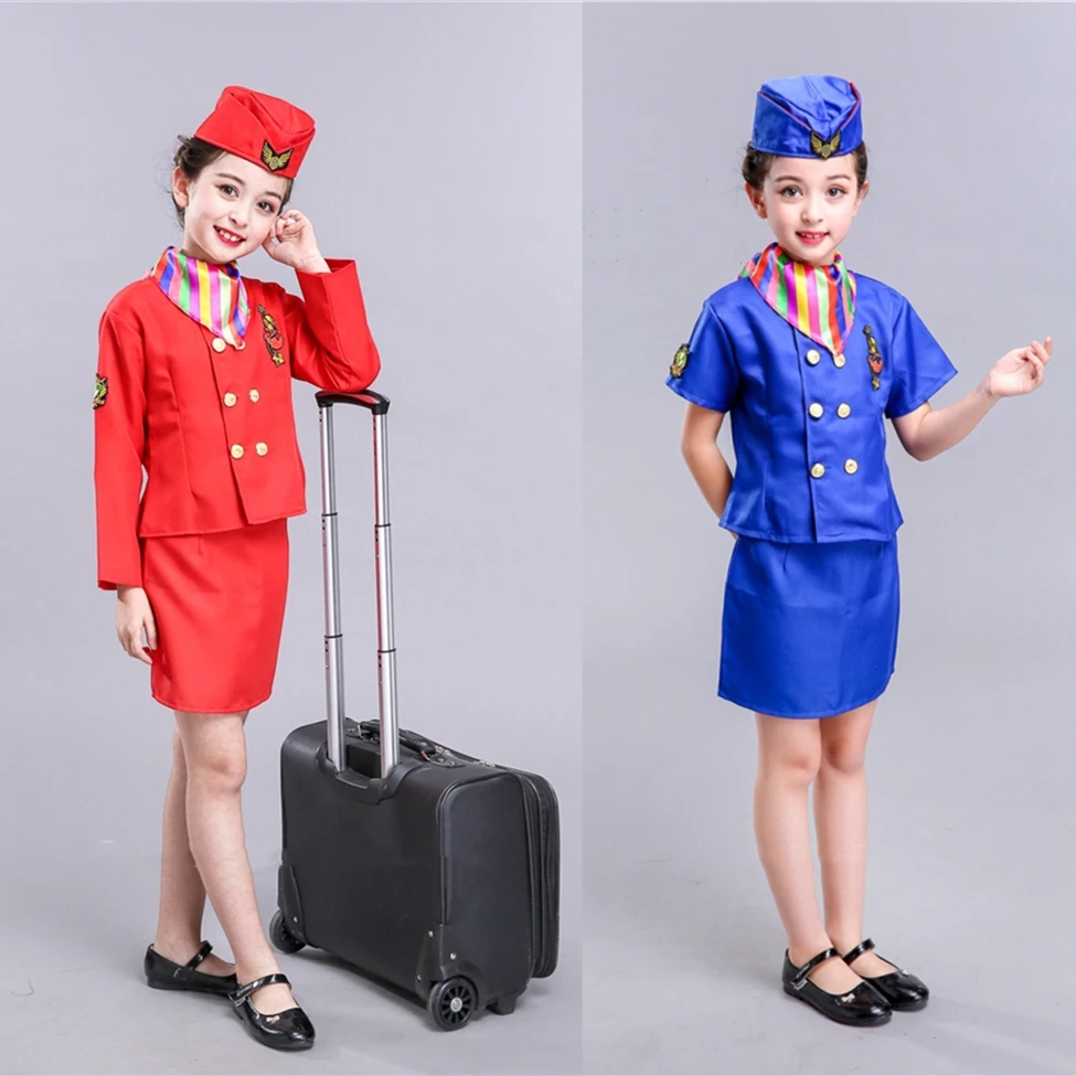 Flight Attendant Kids Girls Uniform Captain Carnival Party Costumes Airplane Aircraft Stewardess Boys Pilot Fancy Performance