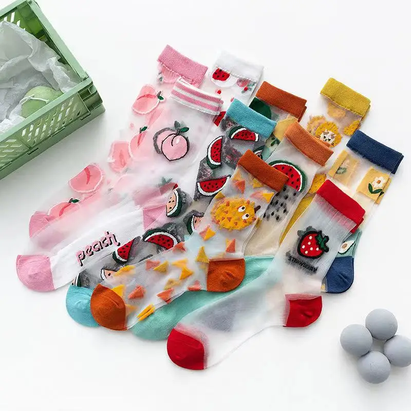 1Pair Japanese Korea Style Women Middle Summer Creative Fruits Transparent Silk Trend Print Ultrathin Glass Silk JacquardSocks