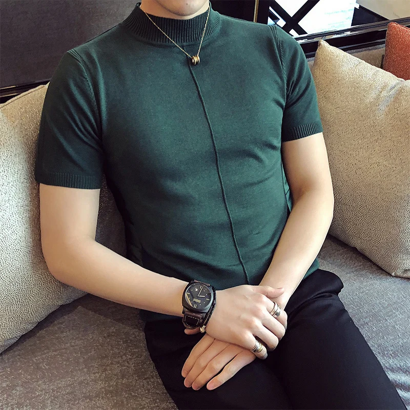 

Streetwear Knitted Short Sleeve T-Shirt 8 Colors Half High Collar Men Camiseta Masculina Bottom Mens T Shirts Tee Shirt Homme