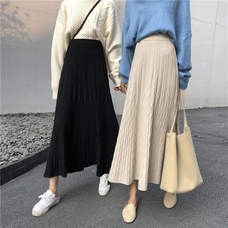 

Harajuku Knitted Skirt Women Basic High Waist A Line Black Autumn Winter Skirts Womens Korean Style Solid Color Midi Jupe Femme