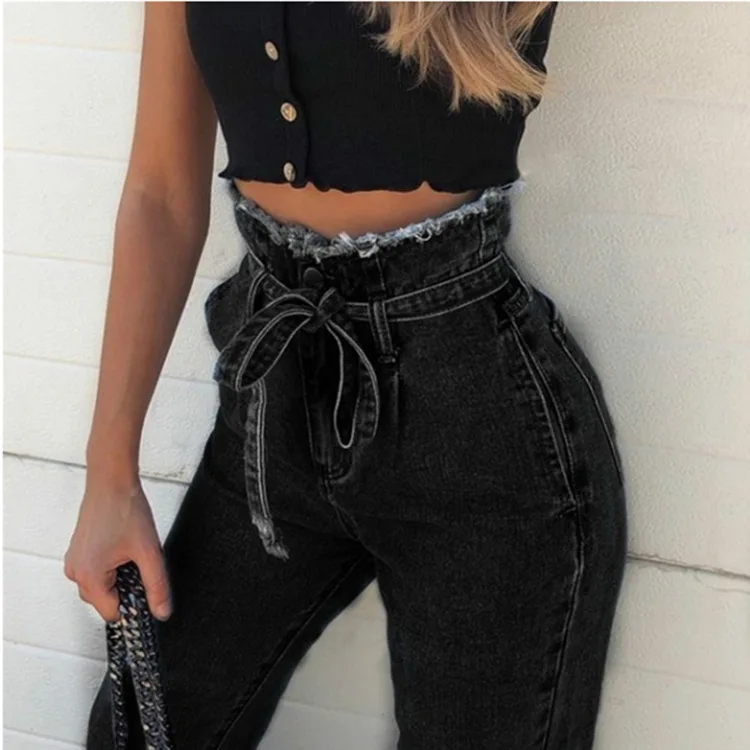 

Spring Jeans mom High-waisted Sexy Jeans with tassels Belt Bandage Skinny Push Up Jeans Woman Black Blue Jeans Female