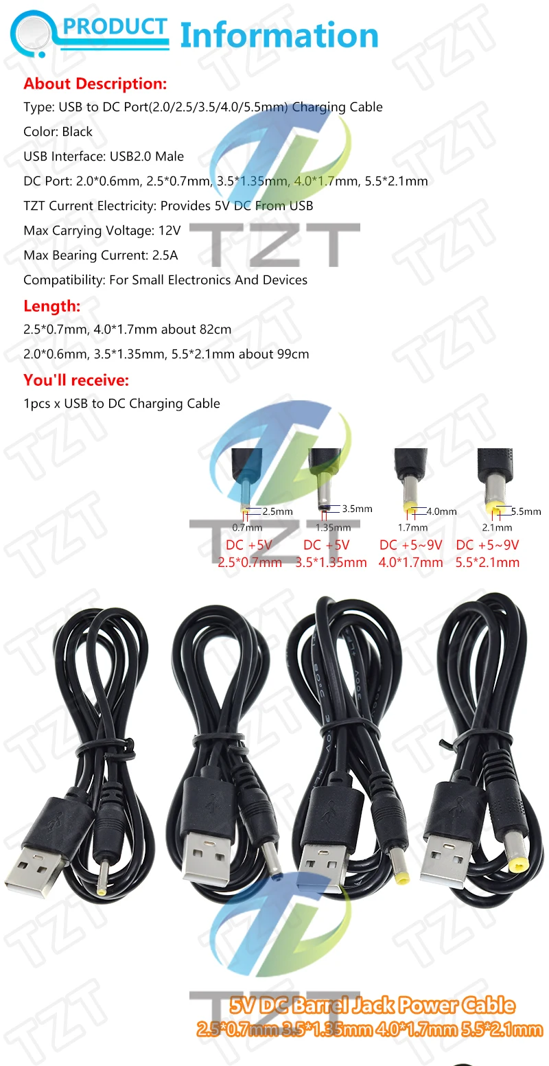 TZT 1/3PCS 1M USB-Anschluss zu 2.0*0.6mm 2.5*0.7mm 3.5*1.35mm 4.0*1.7mm 5.5*2.1mm 5V DC-Stromkabel-Stecker – Detail 1