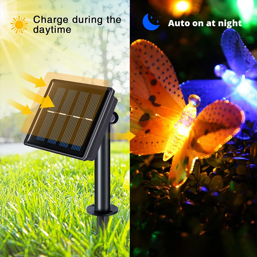 Luce solare a Led a forma di farfalla a forma di stringa di fata in fibra impermeabile luce da giardino per esterni luce per la decorazione della festa nuziale di natale
