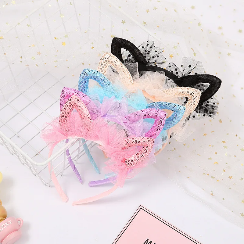 New lace cat ear headband children\'s hair accessories girl princess birthday headband sequin headband